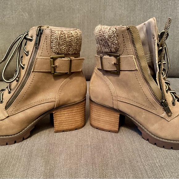 MIA‎ Micaelyn Taupe Lace Up Lug Sole Booties 7.5 NWOT Faux Suede Knit Cuff Heel - Picture 3 of 7